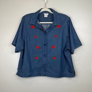 Vintage Bon Worth Chambray Rose Embroidered Shirt Cottagecore M/L 90s